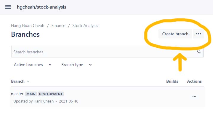 bitbucket Create branch button